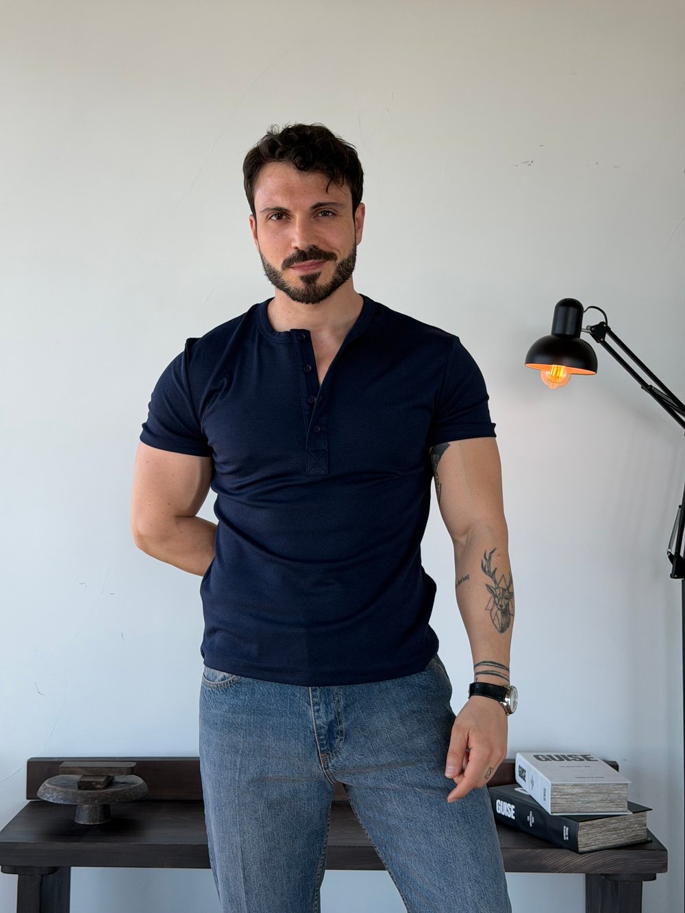Knit Modal Henley Lacivert Tişört