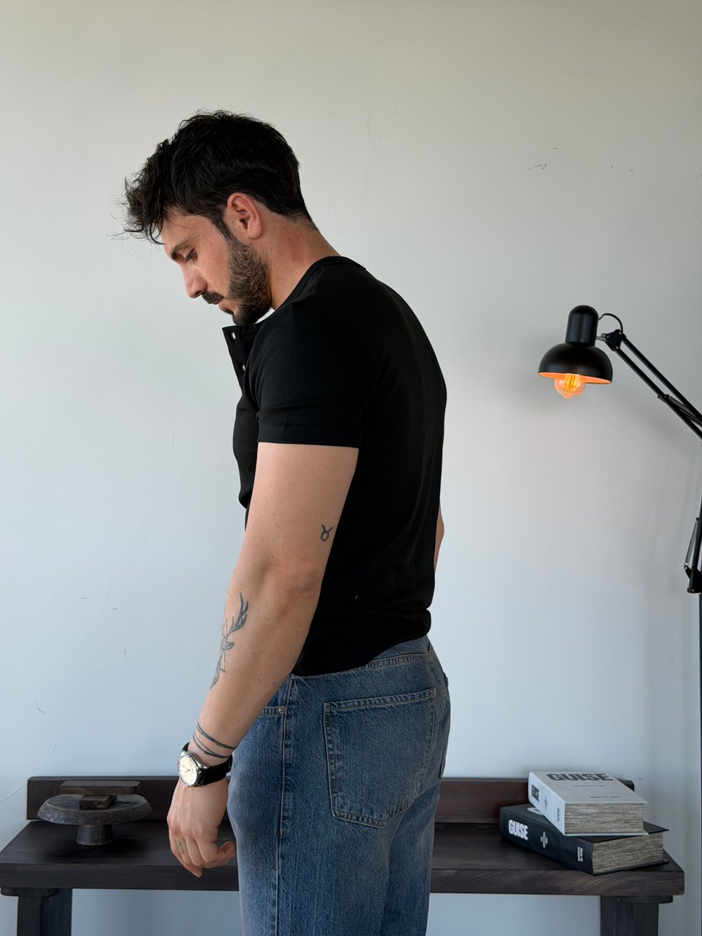 Knit Modal Henley Siyah Tişört