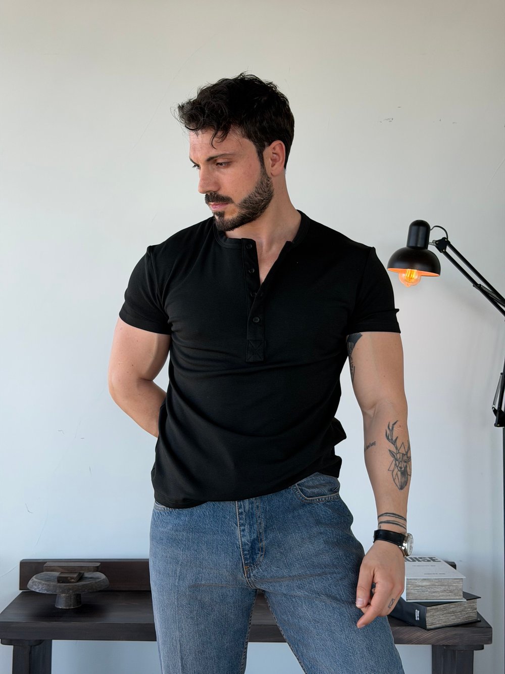 Knit Modal Henley Siyah Tişört