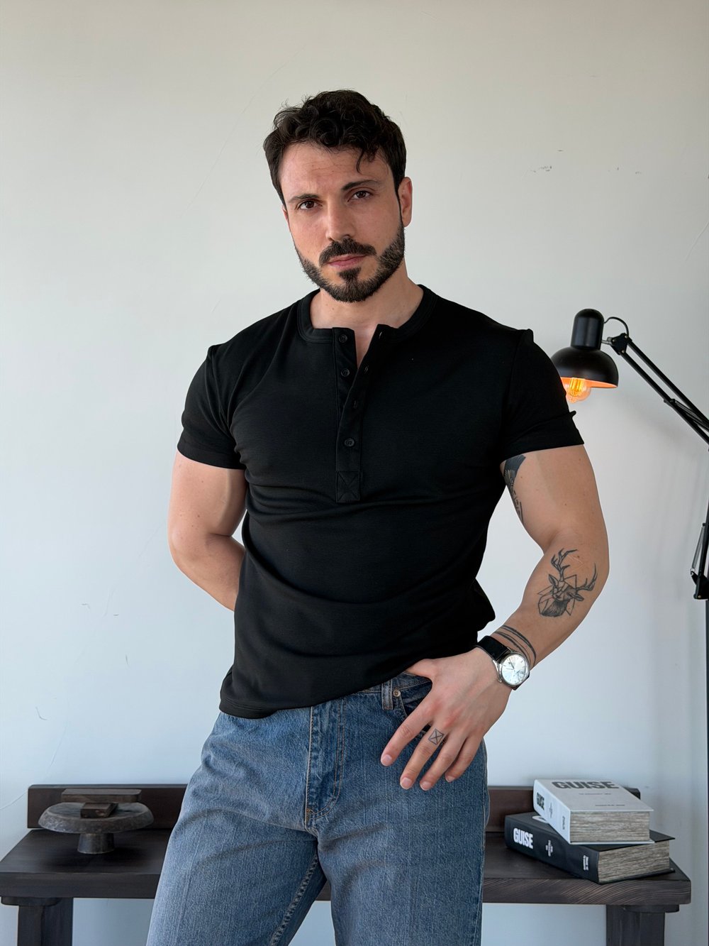 Knit Modal Henley Siyah Tişört