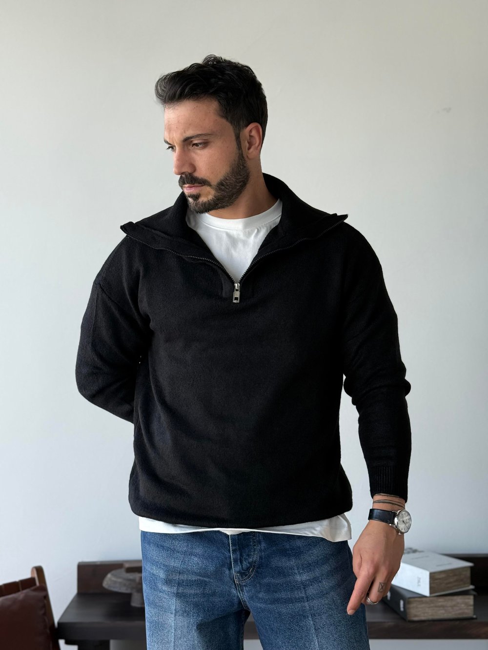 Dracula Siyah Half Zip Triko