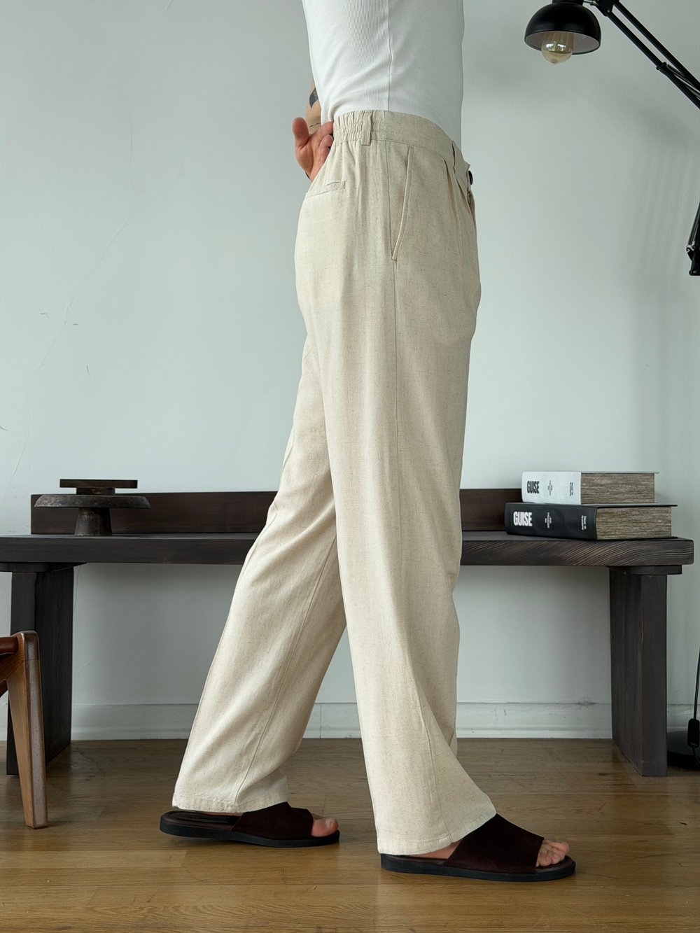 Linora Bej Viscon Keten Baggy Pantolon 