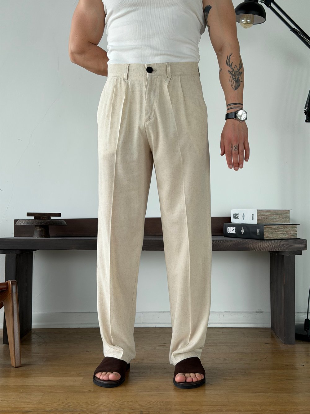 Linora Bej Viscon Keten Baggy Pantolon 