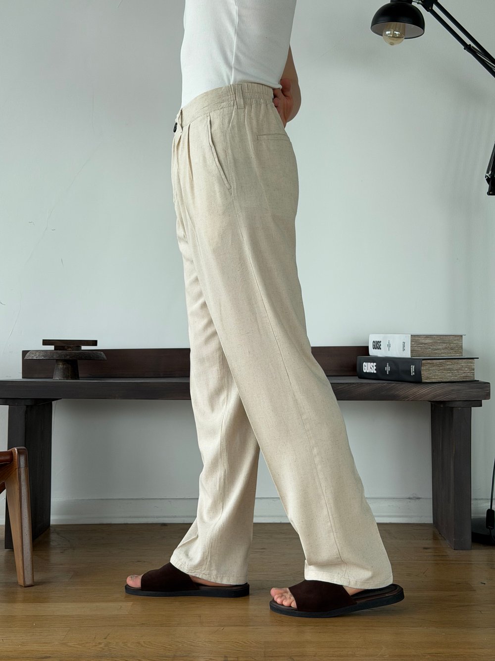 Linora Bej Viscon Keten Baggy Pantolon 