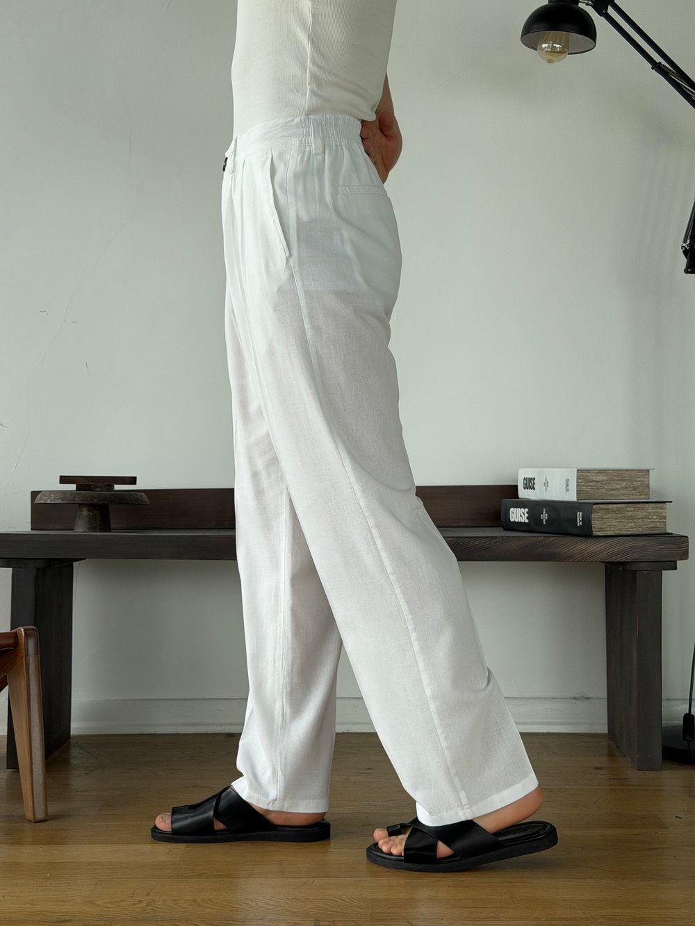 Linora Beyaz Viscon Keten Baggy Pantolon 