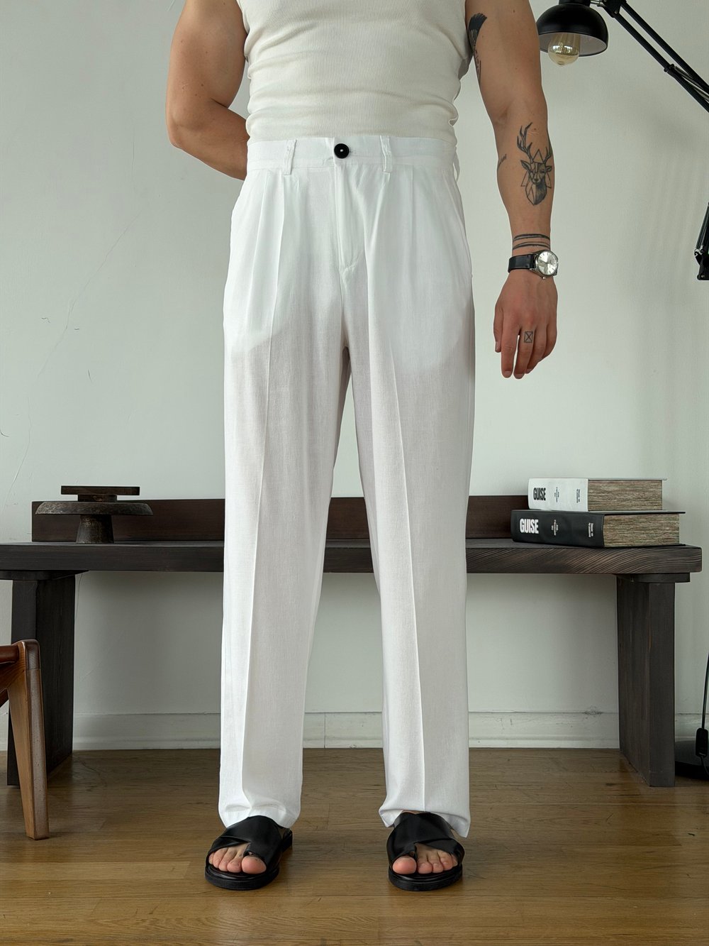 Linora Beyaz Viscon Keten Baggy Pantolon 