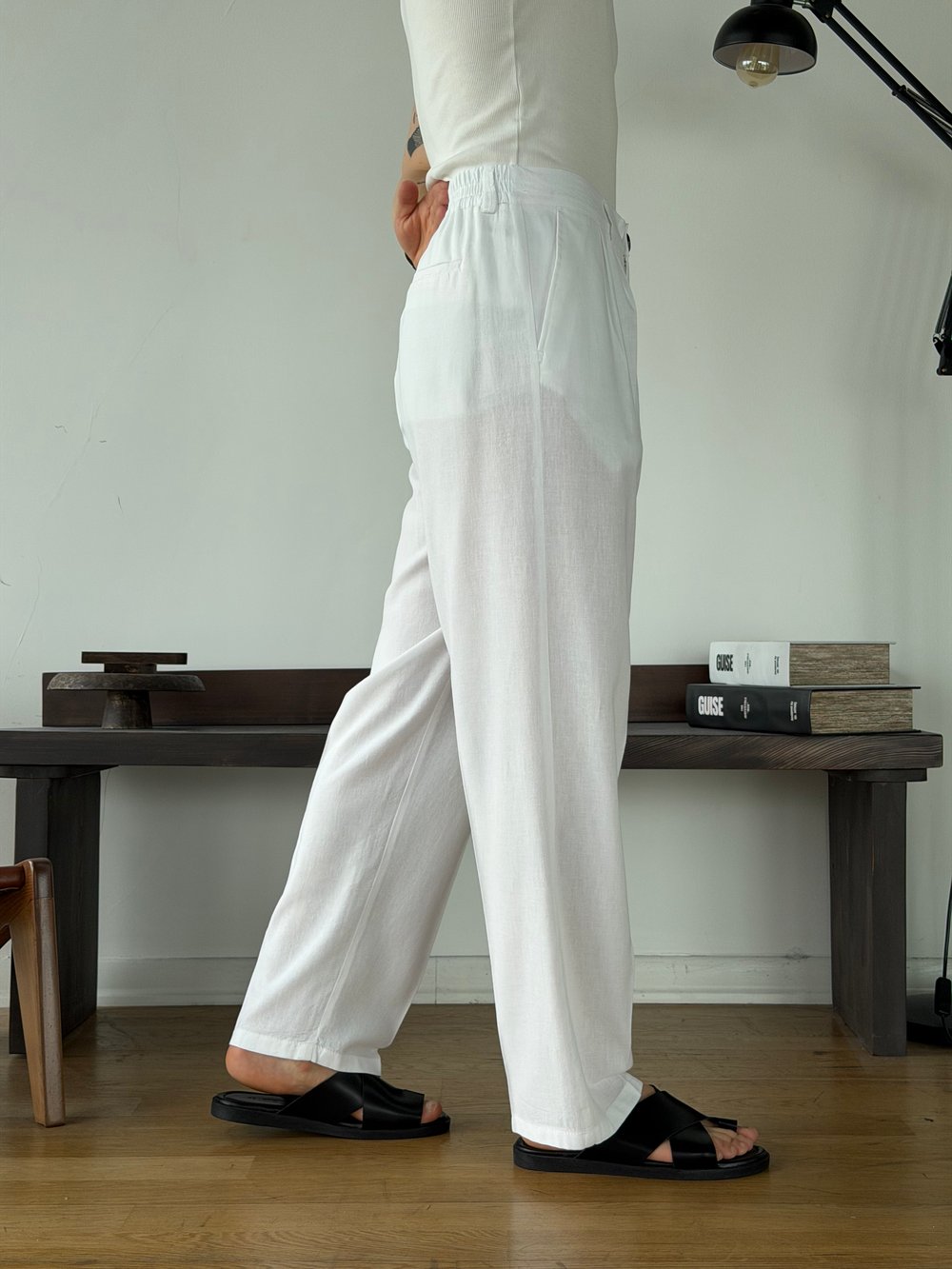 Linora Beyaz Viscon Keten Baggy Pantolon 