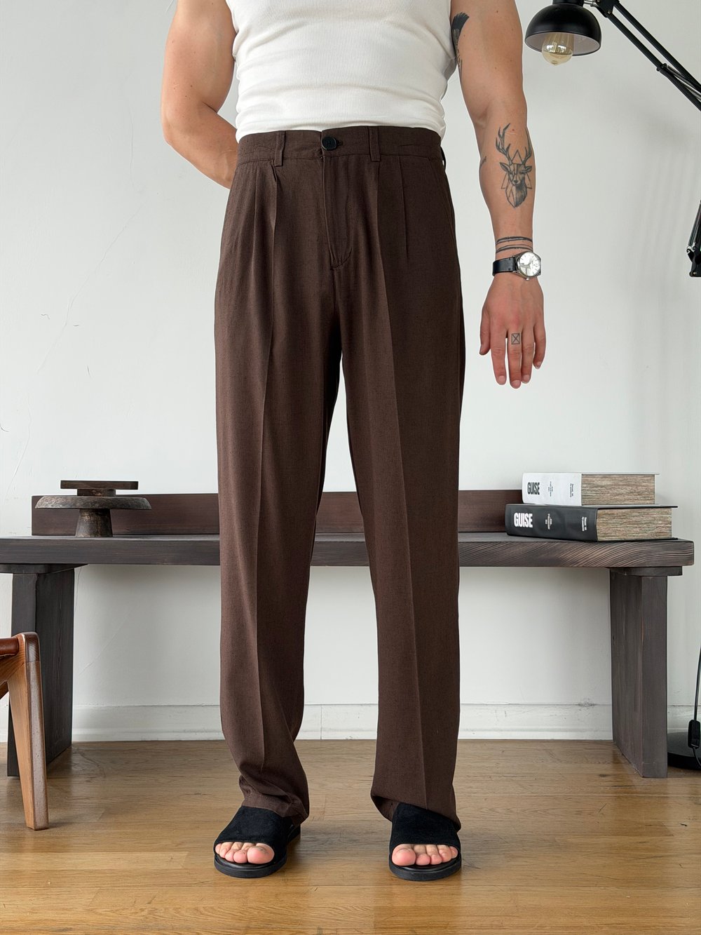 Linora Kahve Viscon Keten Baggy Pantolon 