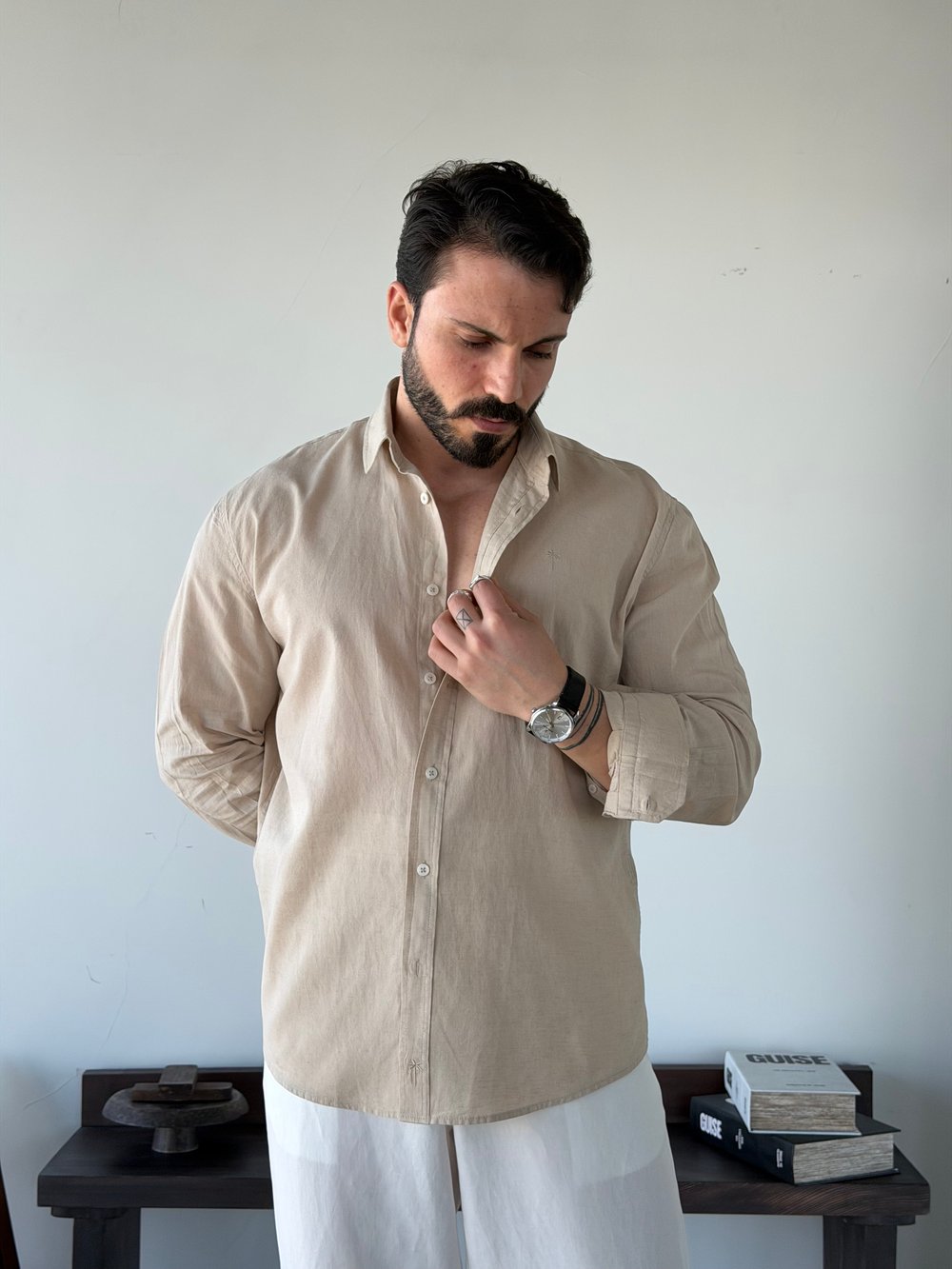 Lorenti Linen Karışımlı Bej Gömlek