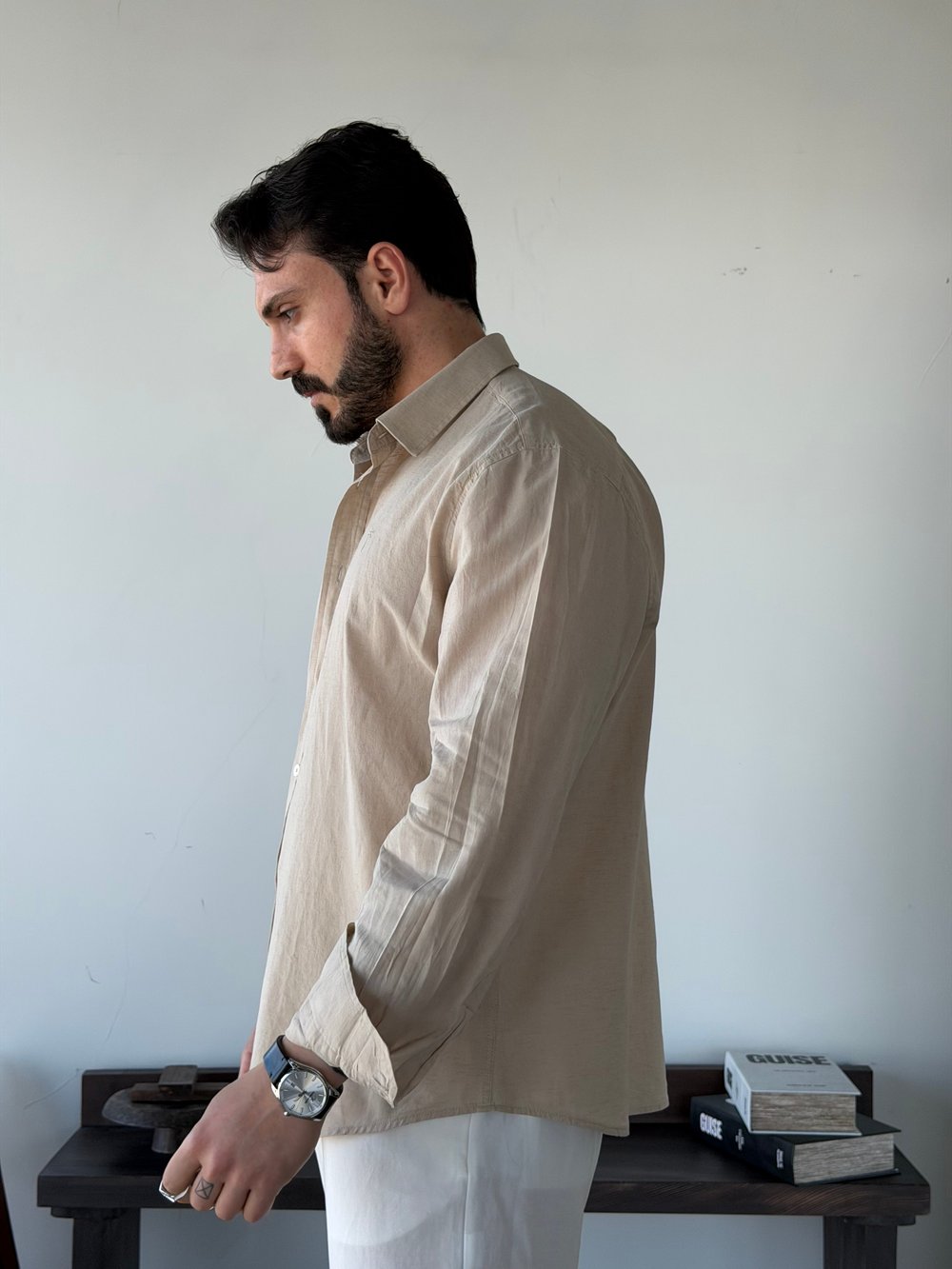 Lorenti Linen Karışımlı Bej Gömlek