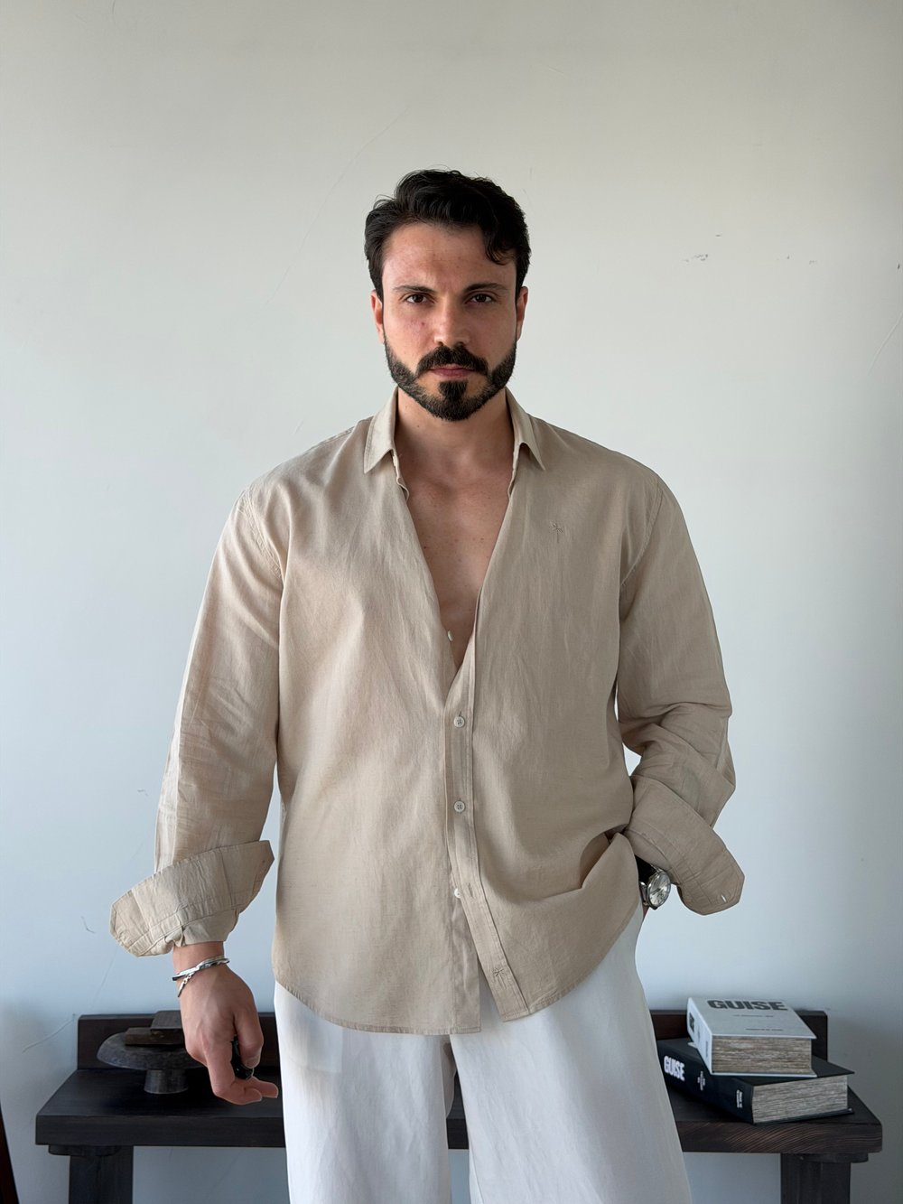 Lorenti Linen Karışımlı Bej Gömlek