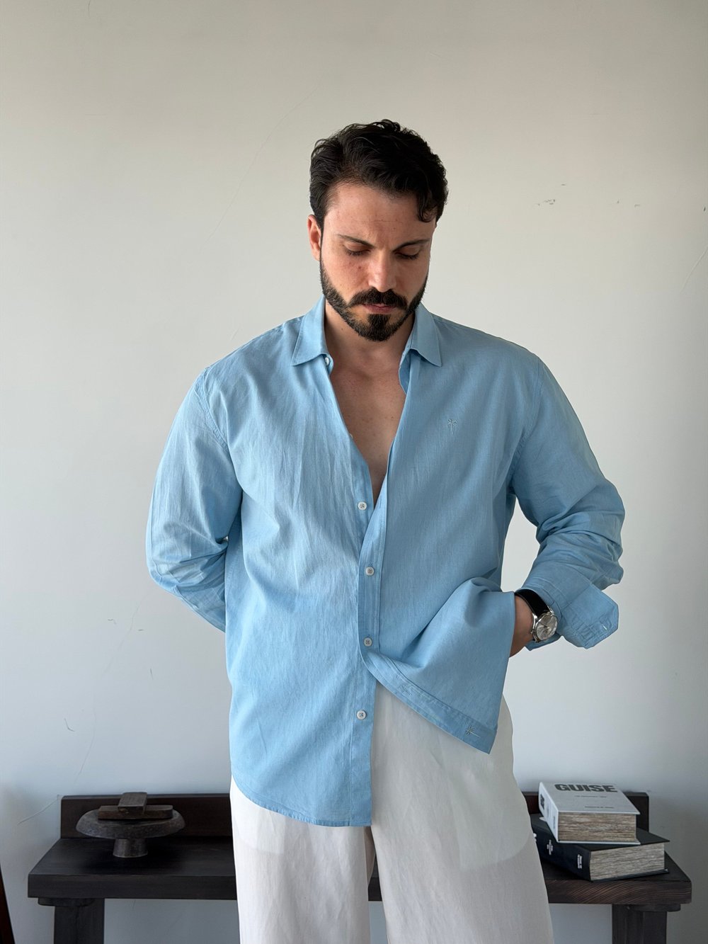 Lorenti Linen Karışımlı Mavi Gömlek