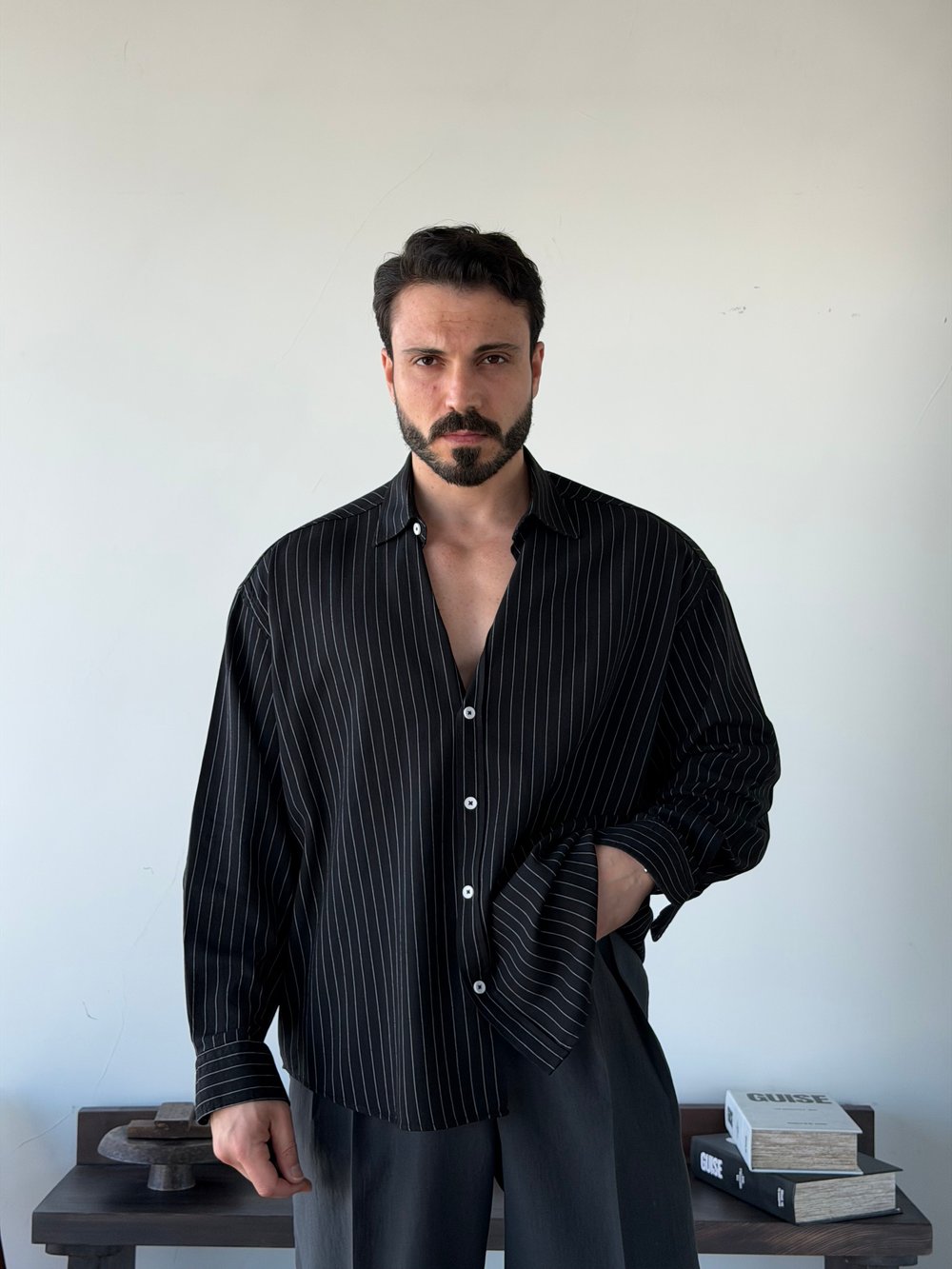 Lorien Oversize Çizgili Viscon Keten Siyah Gömlek