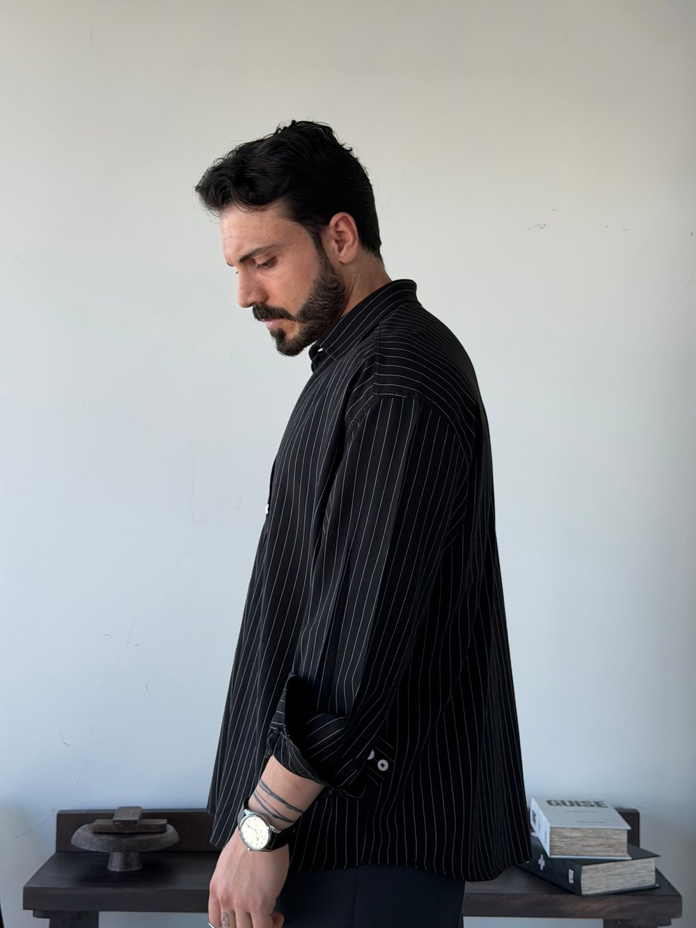 Lorien Oversize Çizgili Viscon Keten Siyah Gömlek