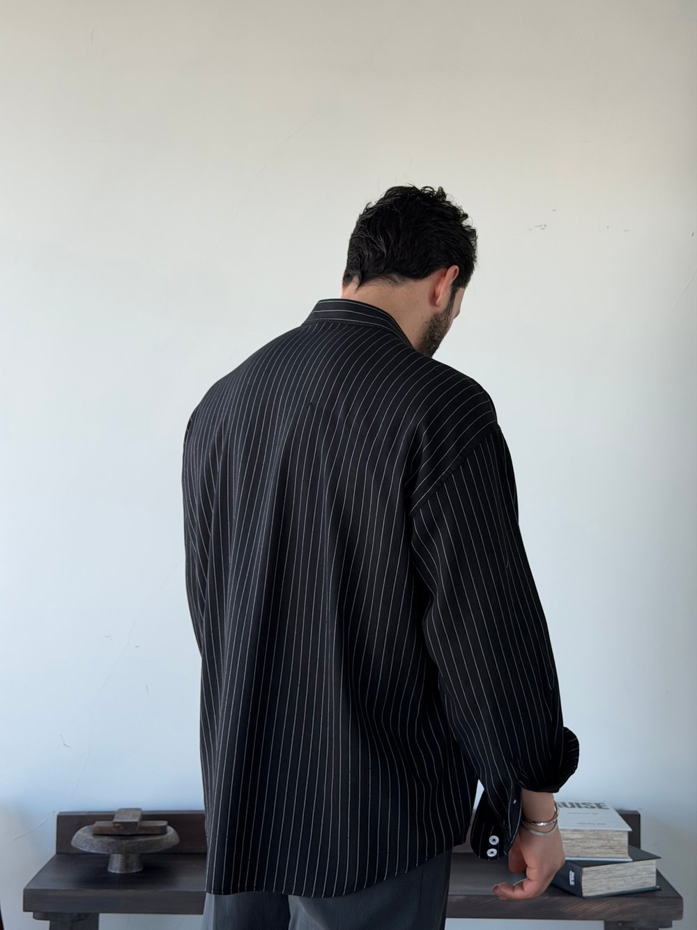 Lorien Oversize Çizgili Viscon Keten Siyah Gömlek