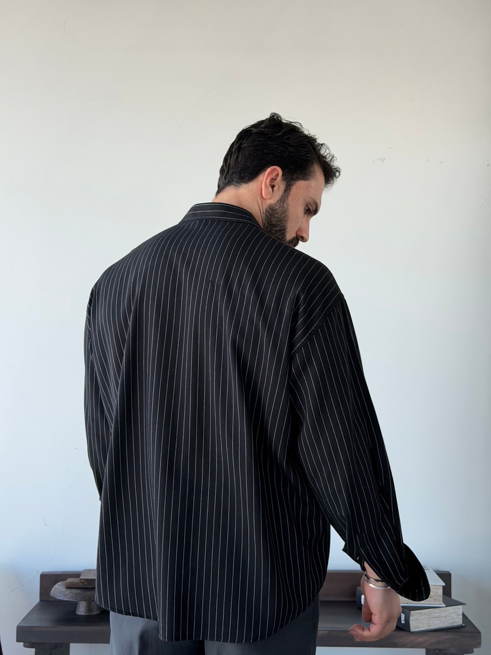 Lorien Oversize Çizgili Viscon Keten Siyah Gömlek