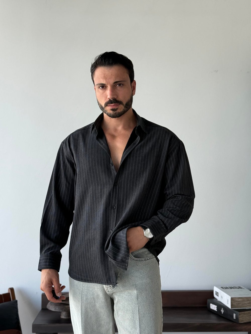 Asino Çizgili Siyah Gömlek
