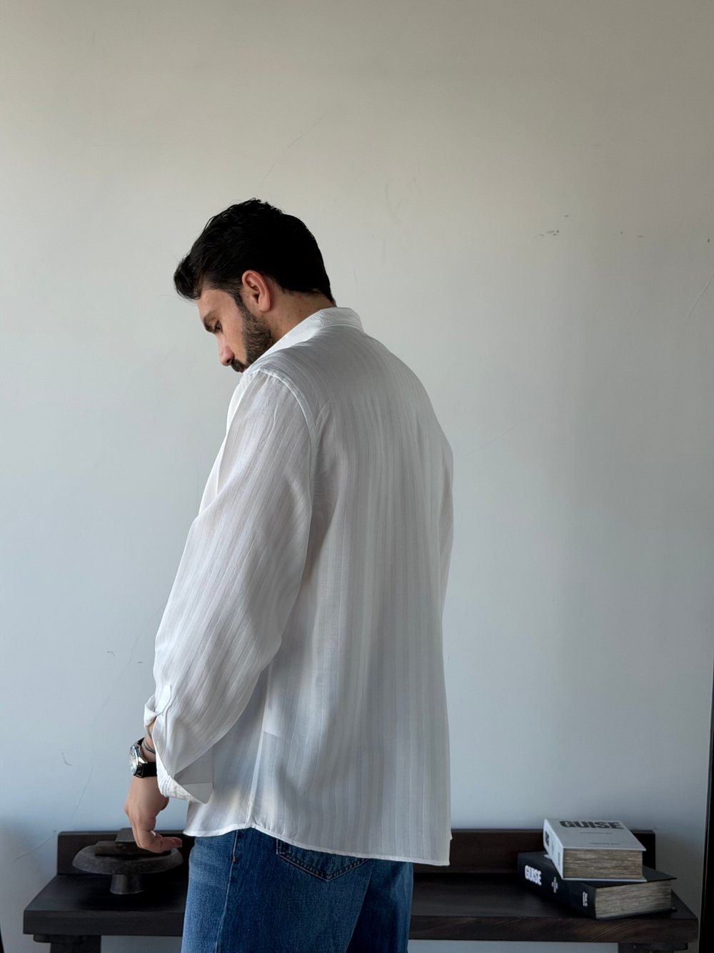 Minas Oversize Desenli Tensel Beyaz Gömlek