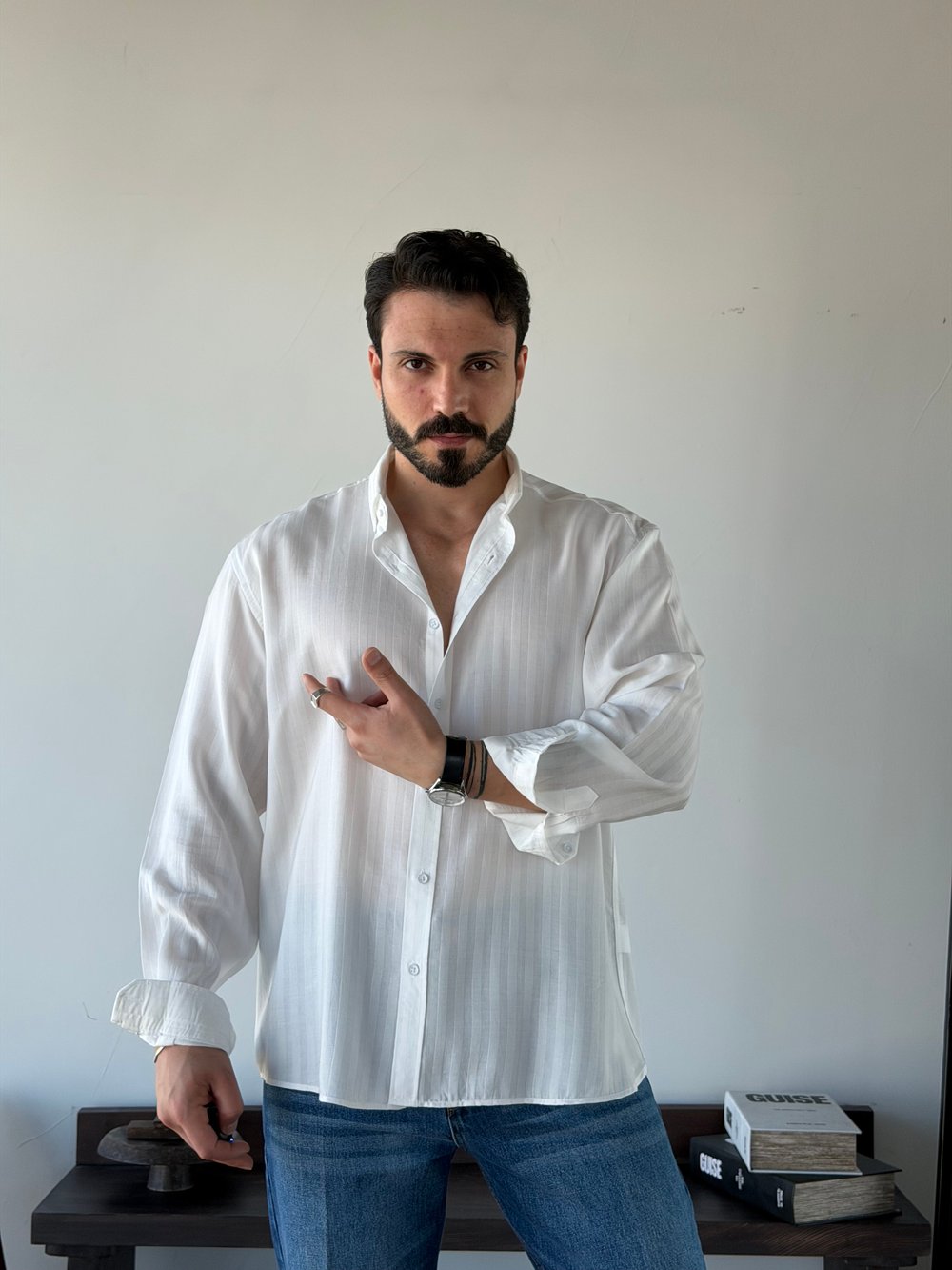 Minas Oversize Desenli Tensel Beyaz Gömlek