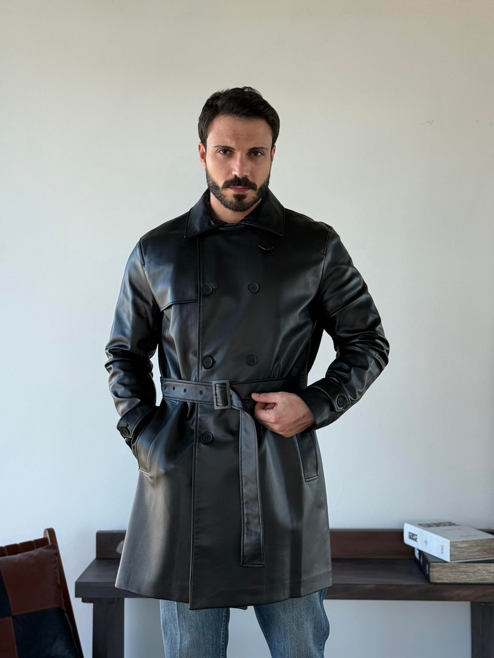 Neo Siyah Deri Trençkot