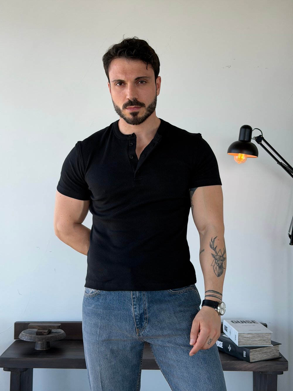 Next Fitilli Henley Siyah Tişört