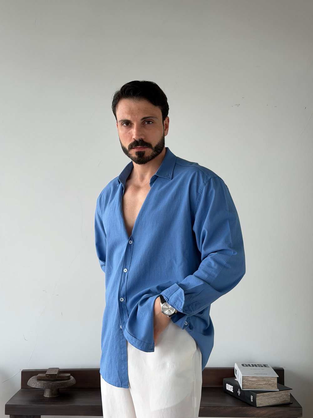 Ohio Yarı Oversize %100 Pamuk Saks Gömlek