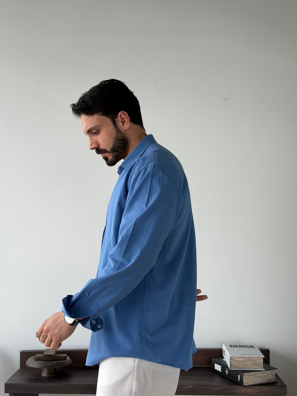 Ohio Yarı Oversize %100 Pamuk Saks Gömlek