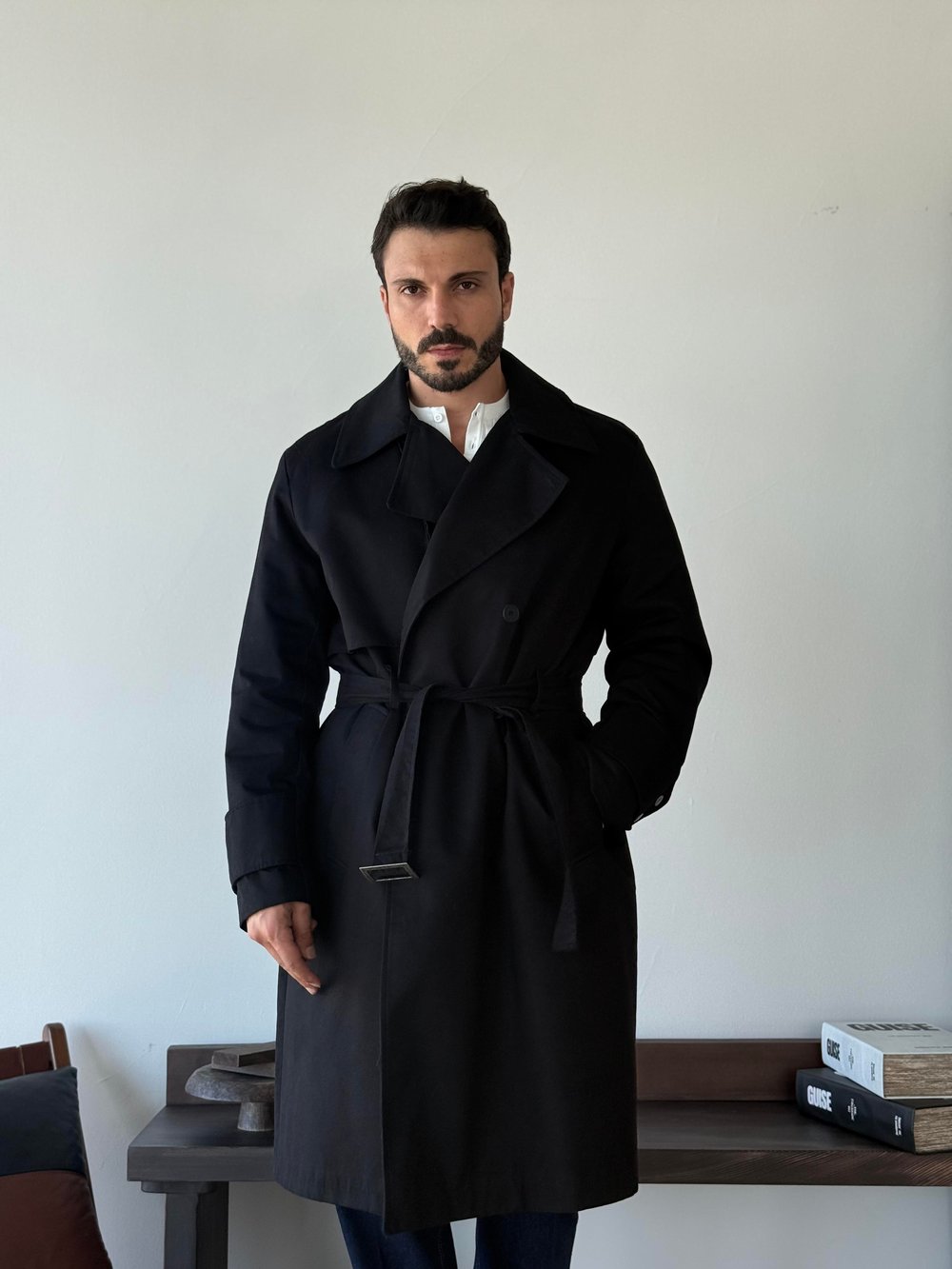 Sanleo Süet Dokulu Siyah Trençkot