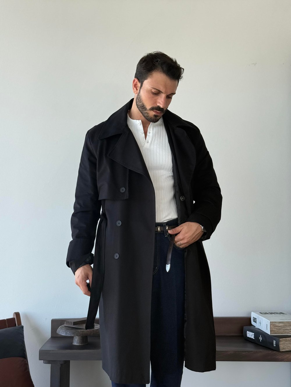 Sanleo Süet Dokulu Siyah Trençkot