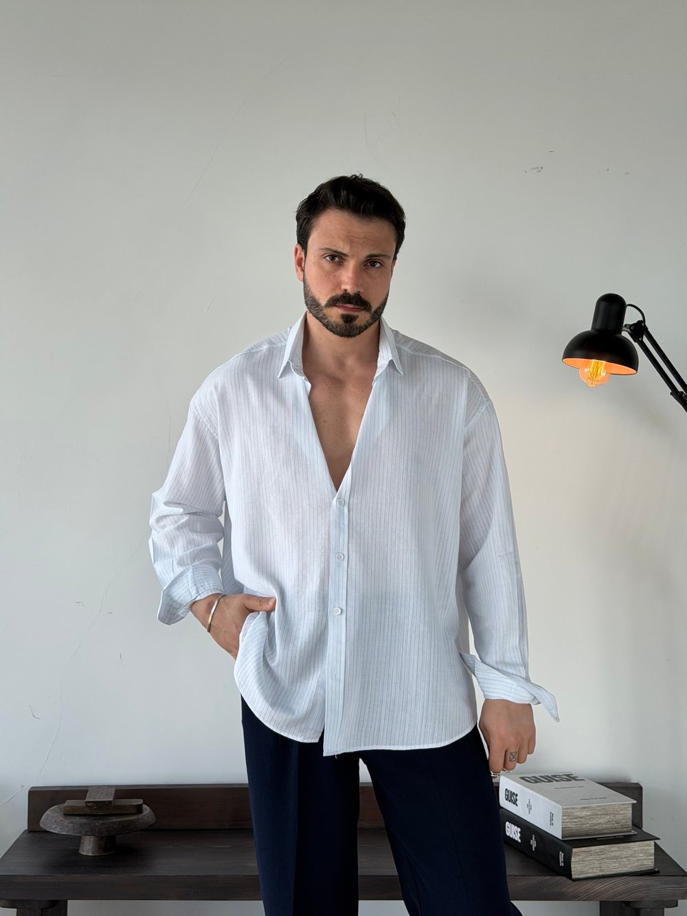 Soprano Oversize Çizgili Beyaz Gömlek