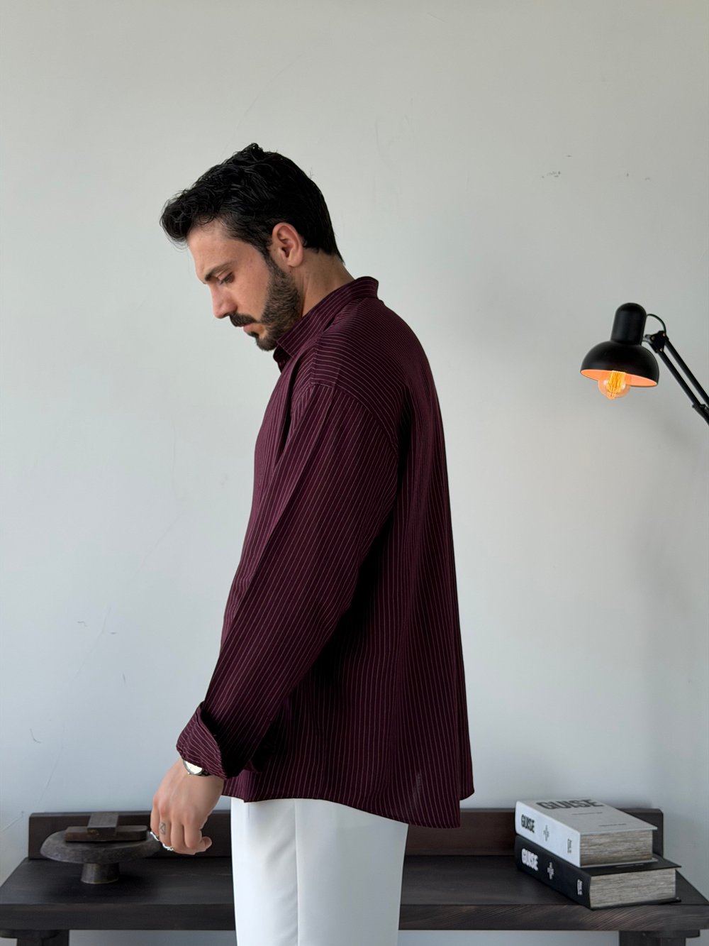 Soprano Oversize Çizgili Bordo Gömlek