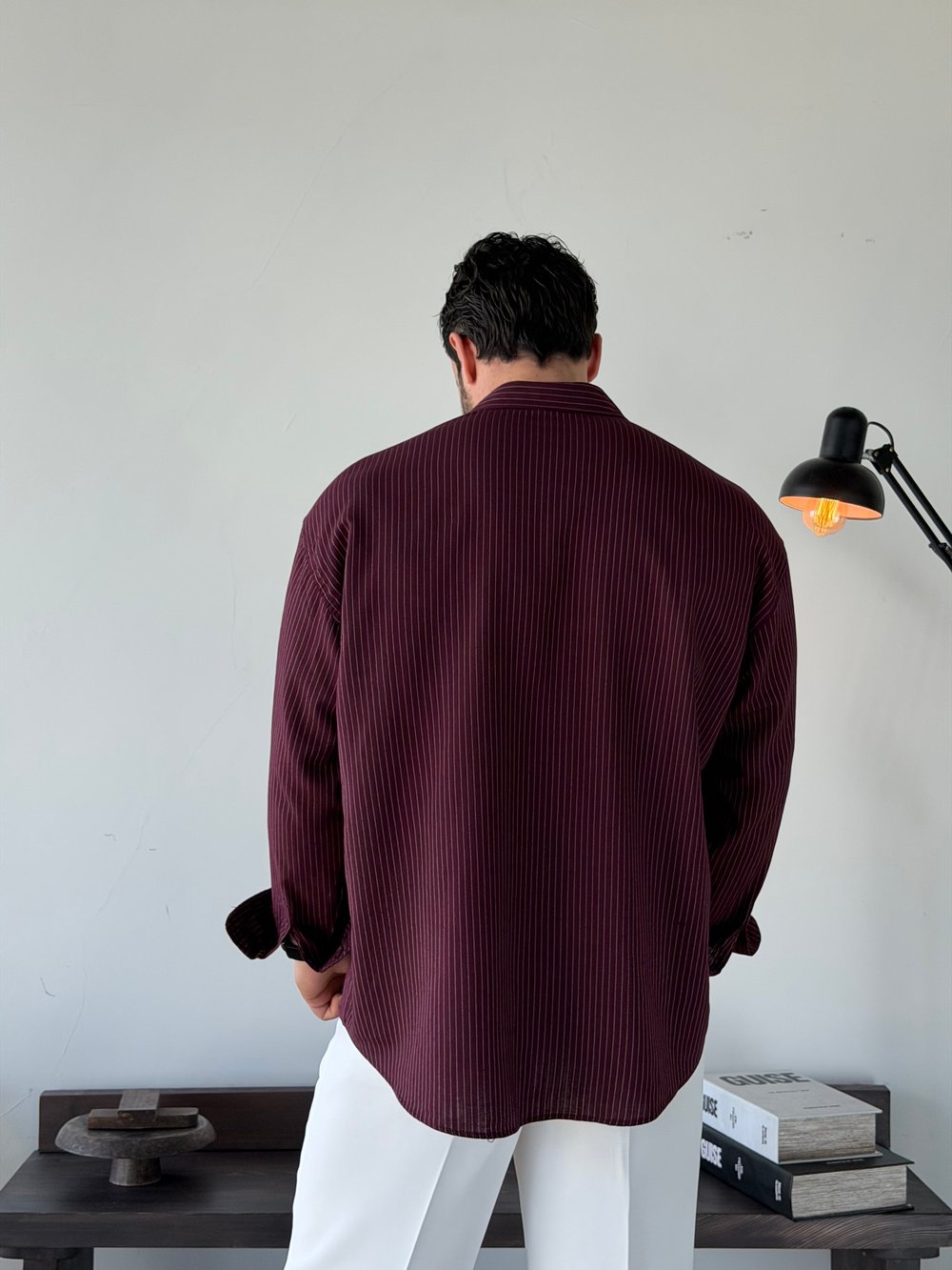 Soprano Oversize Çizgili Bordo Gömlek
