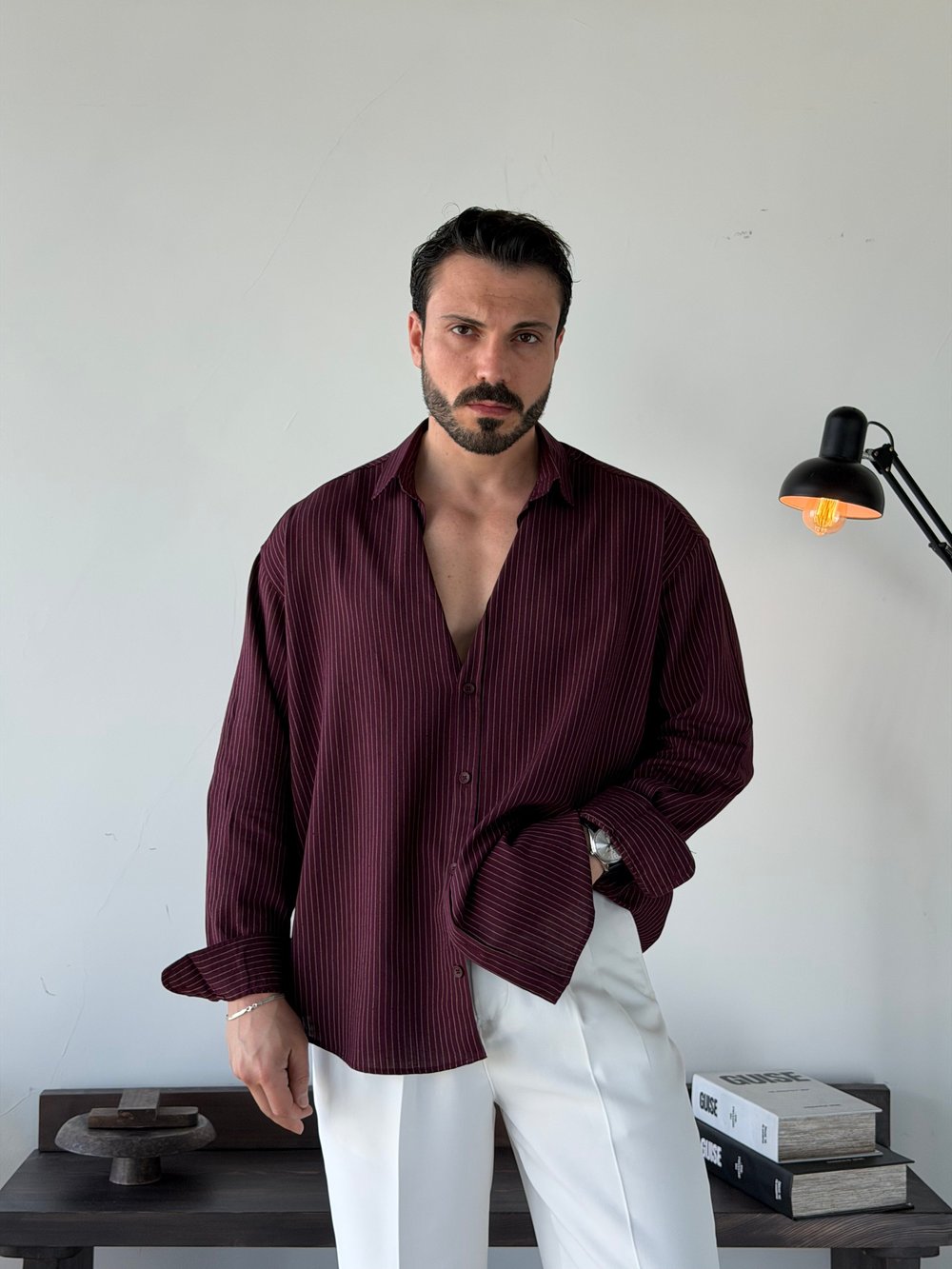 Soprano Oversize Çizgili Bordo Gömlek