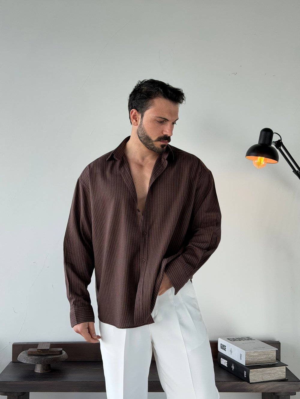 Soprano Oversize Çizgili Kahve Gömlek
