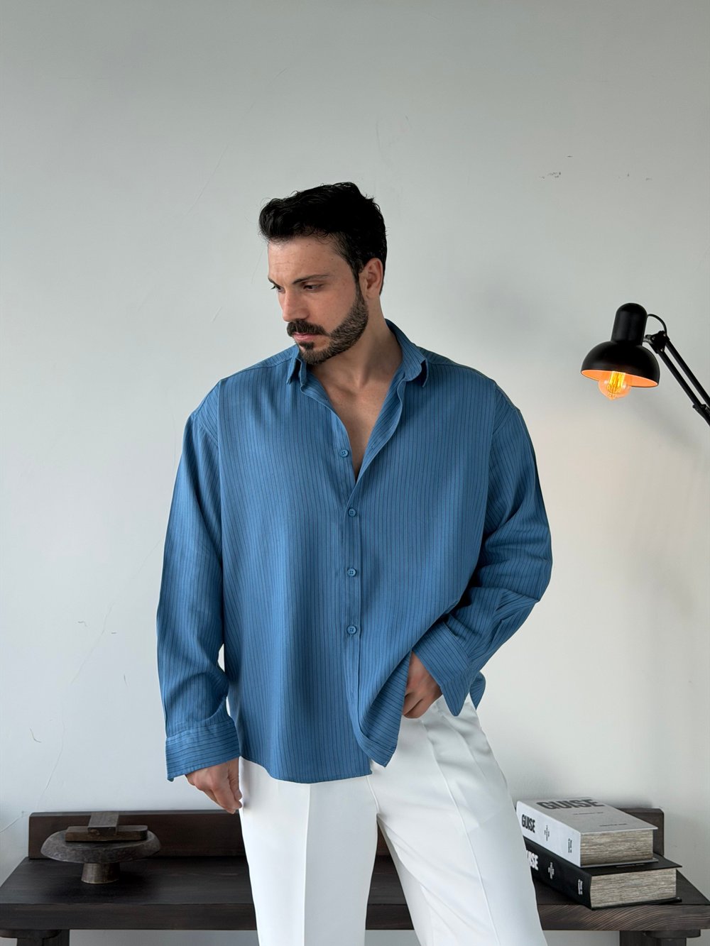 Soprano Oversize Çizgili Mavi Gömlek