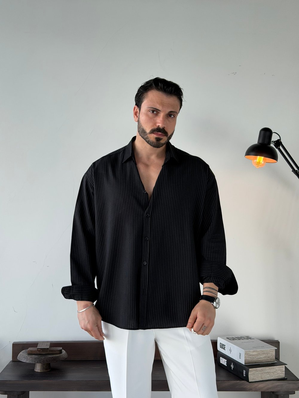 Soprano Oversize Çizgili Siyah Gömlek