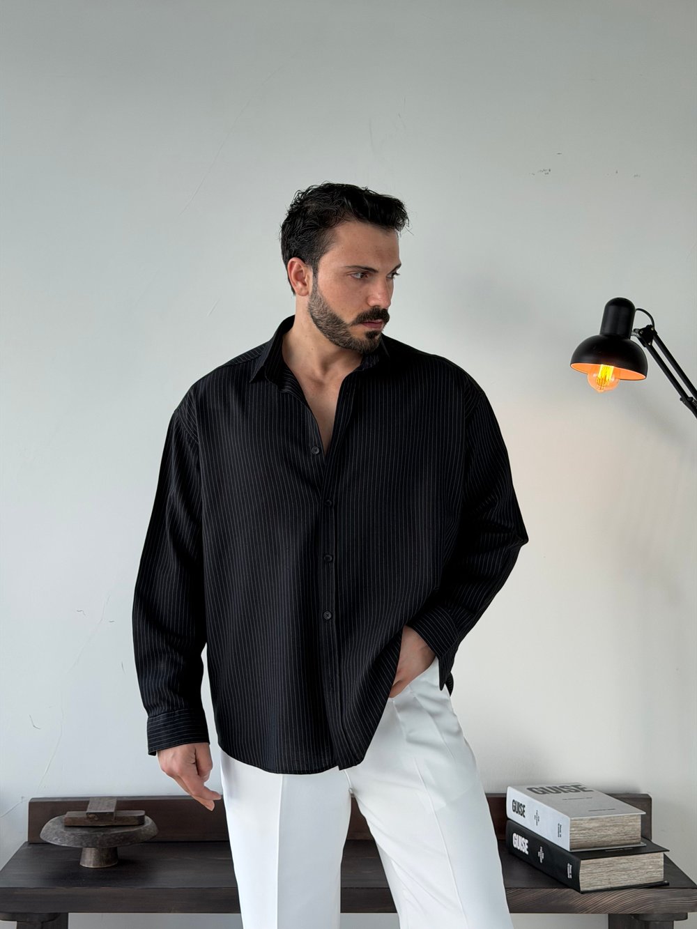 Soprano Oversize Çizgili Siyah Gömlek