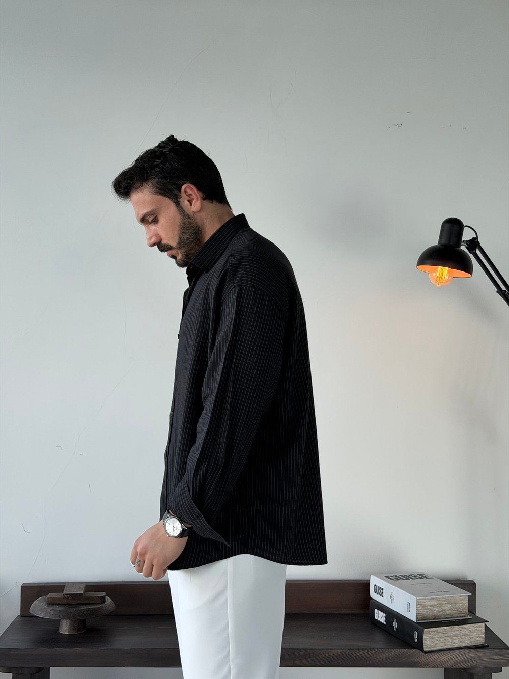 Soprano Oversize Çizgili Siyah Gömlek