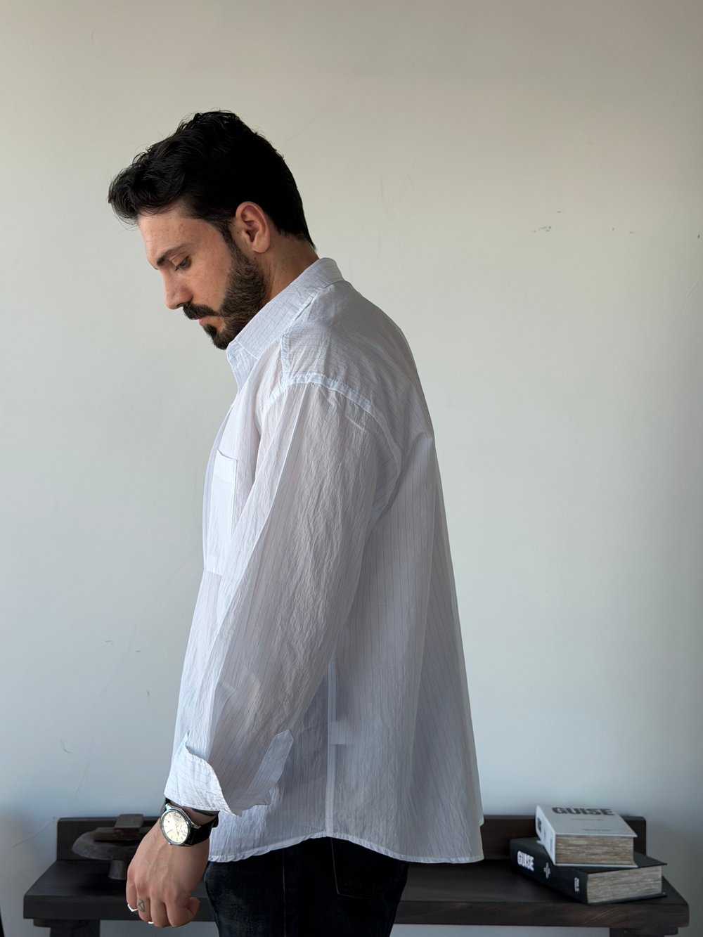 Tiero Oversize Çizgili Beyaz Gömlek