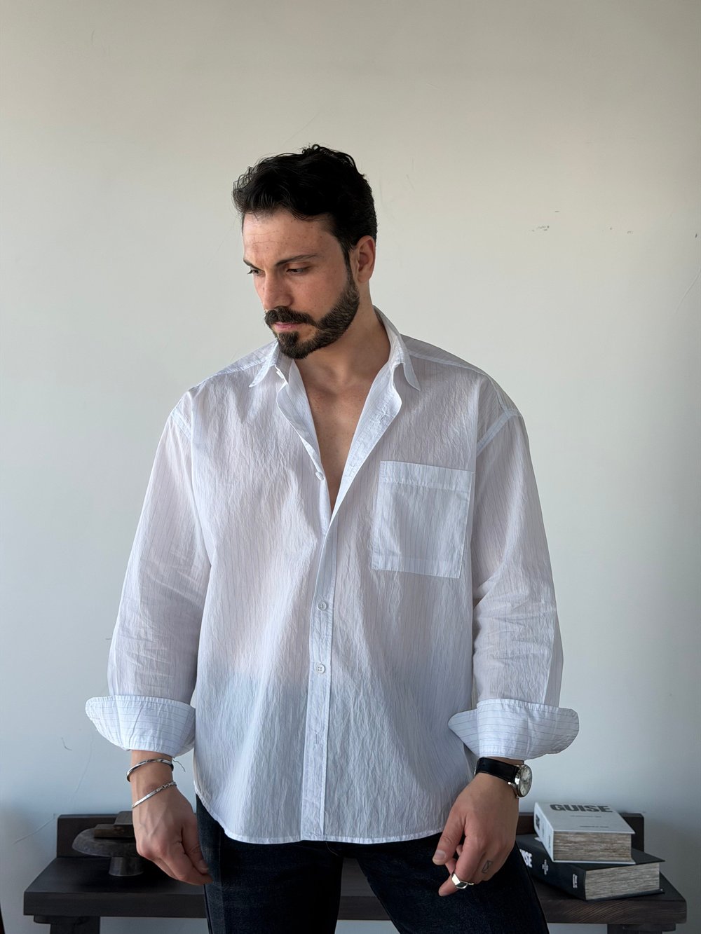 Tiero Oversize Çizgili Beyaz Gömlek