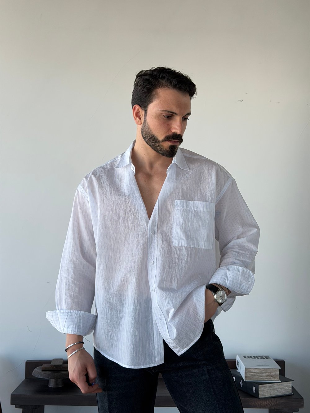 Tiero Oversize Çizgili Beyaz Gömlek