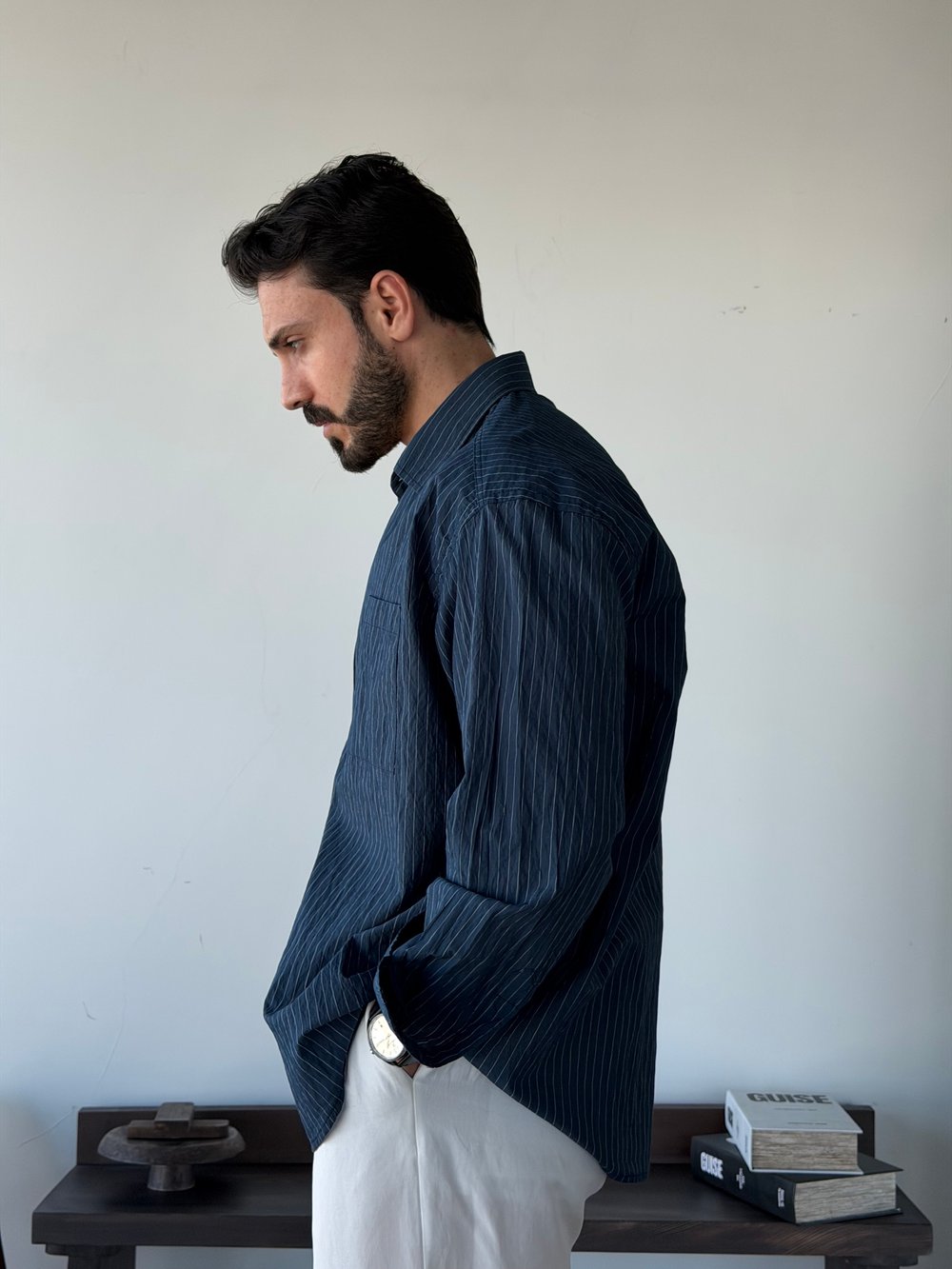 Tiero Oversize Çizgili Lacivert Gömlek