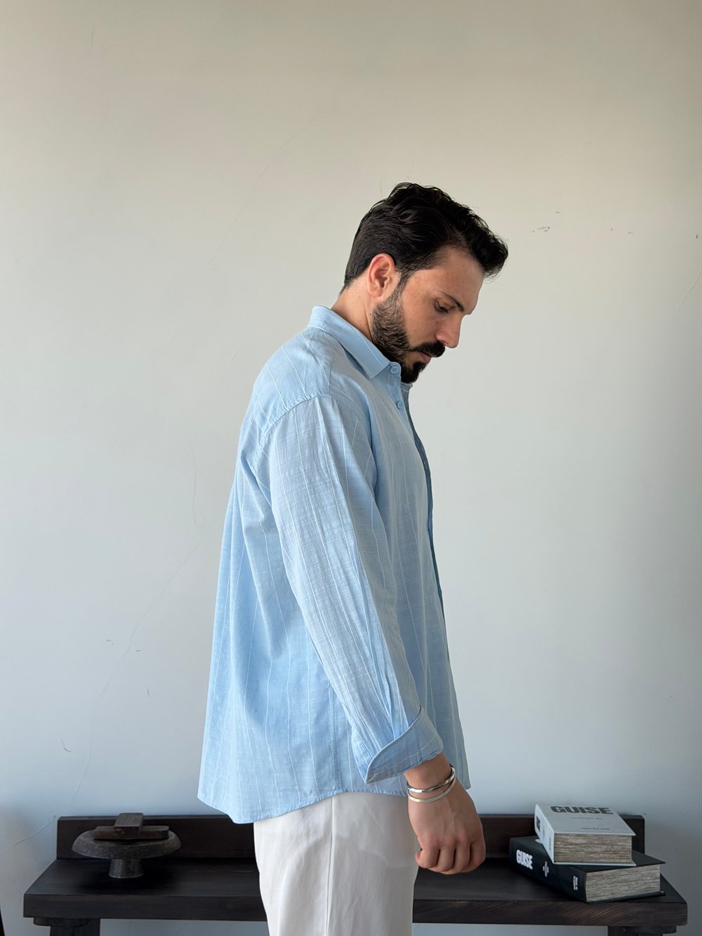 Valeria Oversize Mavi Pamuk Keten Gömlek