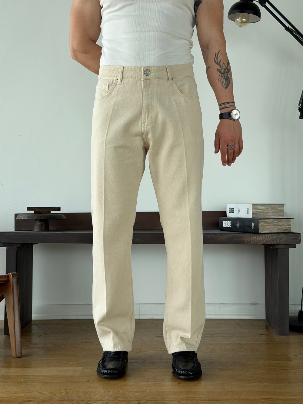 Vintal 80s Yumuşak Doku Bej Baggy Jean