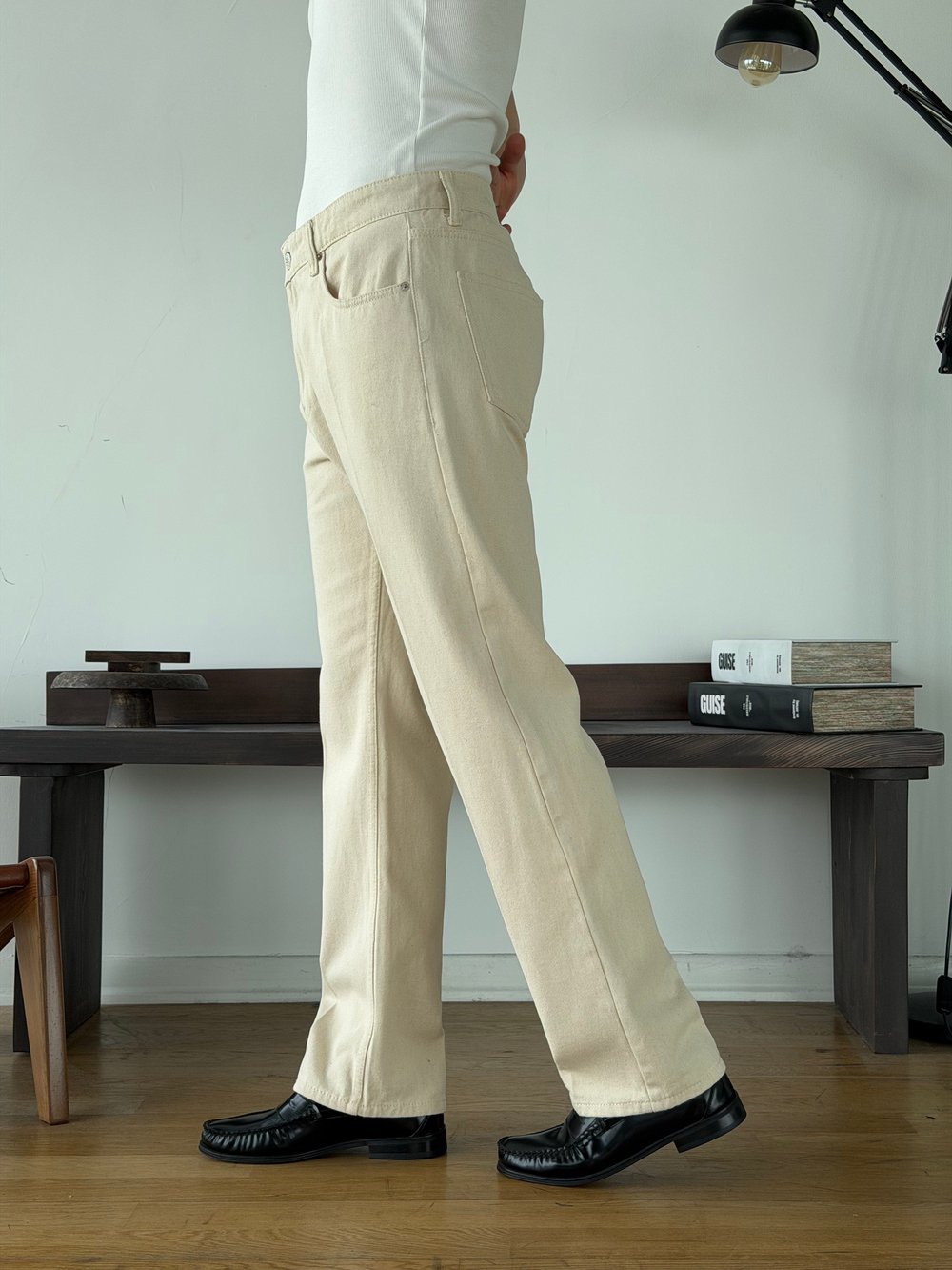 Vintal 80s Yumuşak Doku Bej Baggy Jean