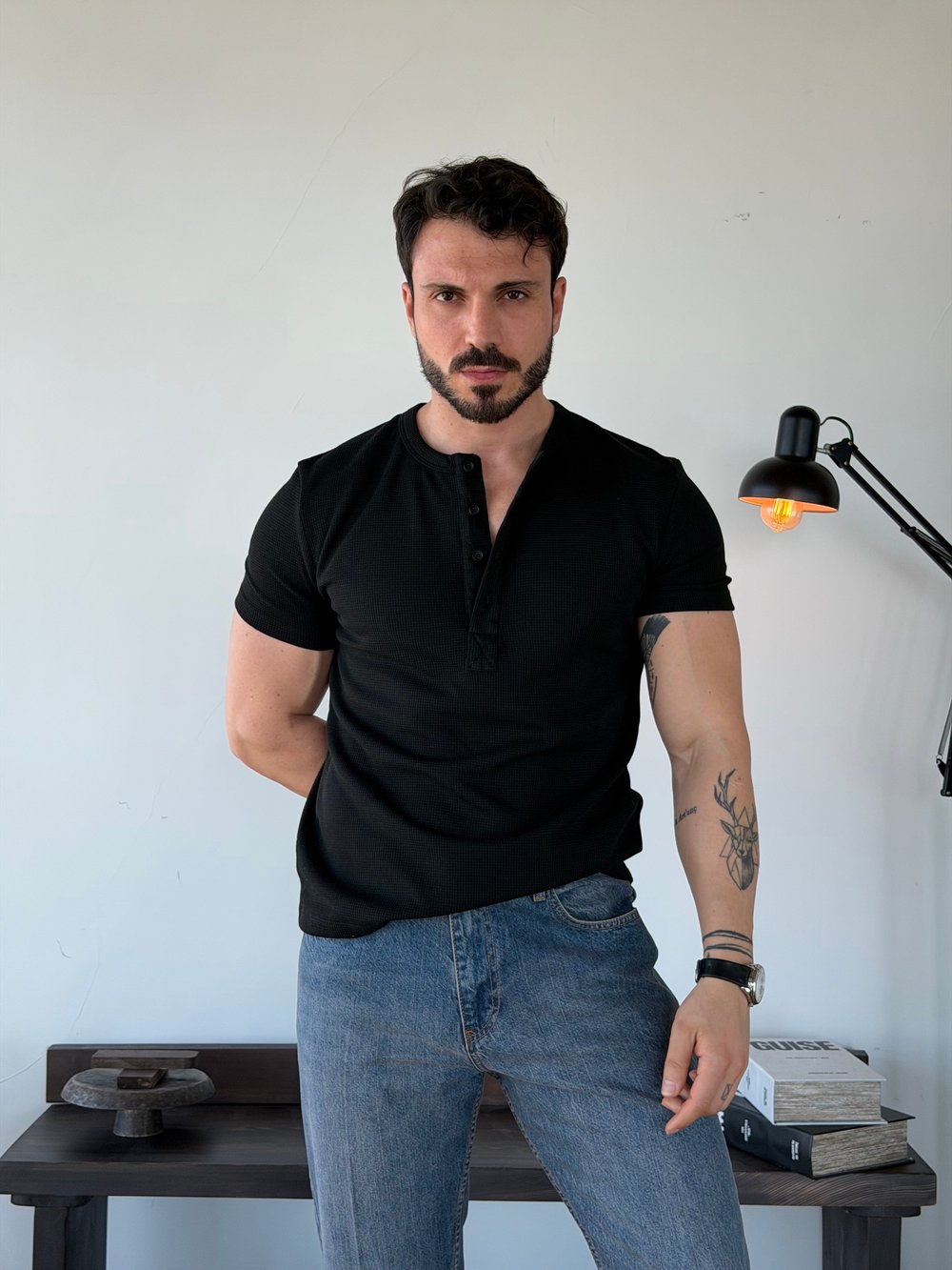 Waffle Henley Siyah Tişört