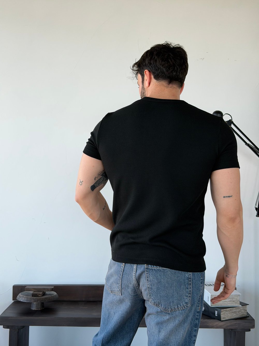 Waffle Henley Siyah Tişört