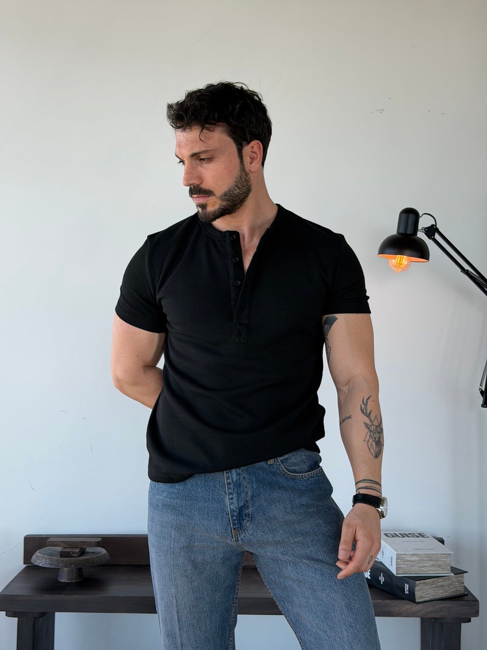 Waffle Henley Siyah Tişört