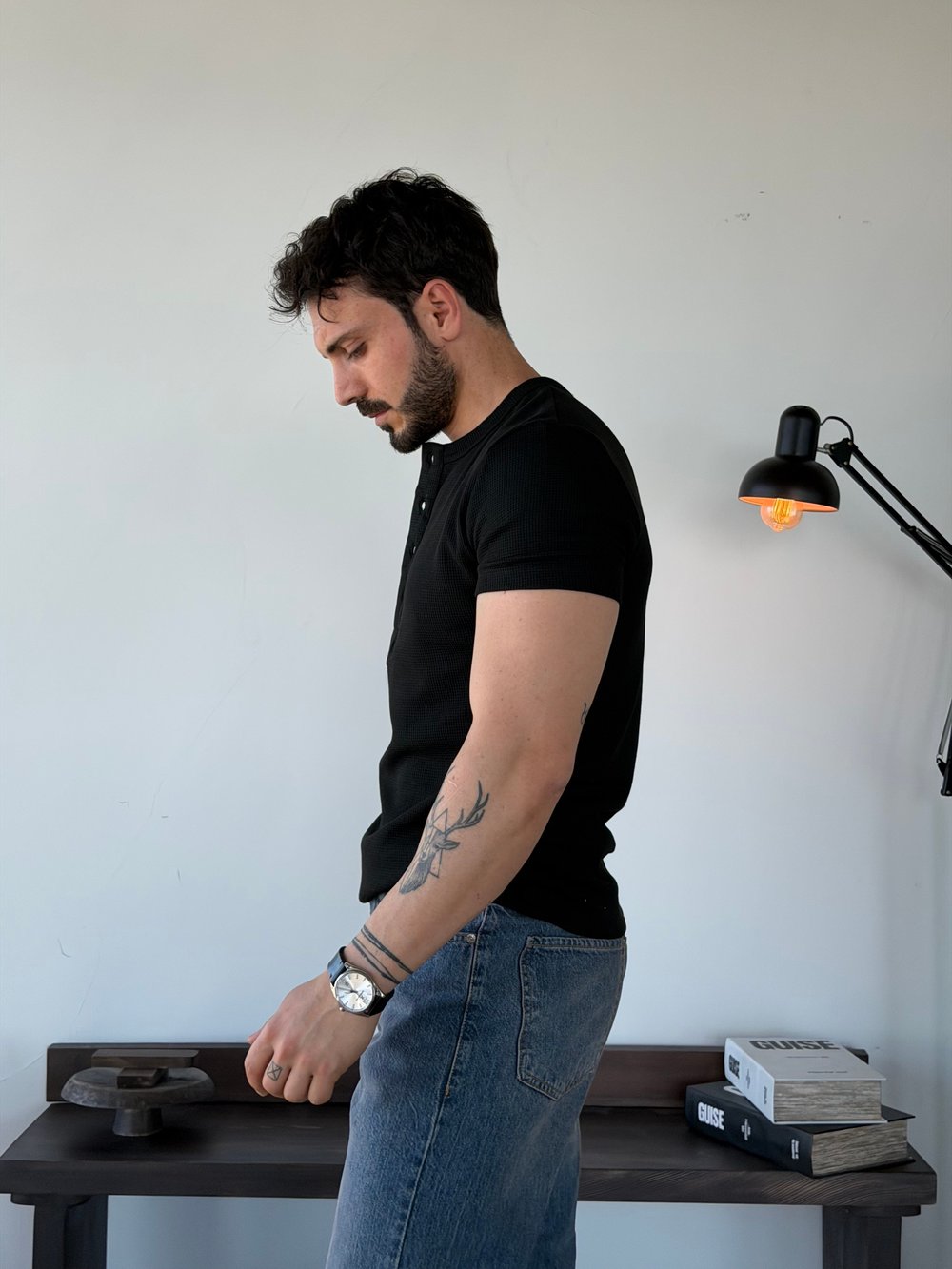 Waffle Henley Siyah Tişört