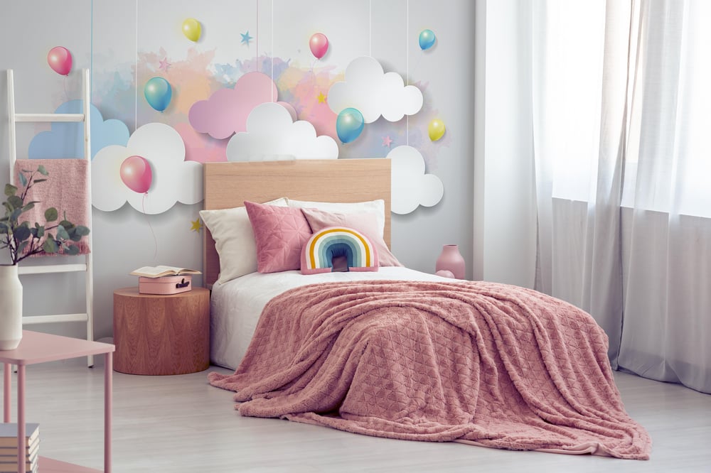 3 Boyutlu Bulutlar ve Uçan Balonlar Çocuk Odası Duvar Kağıdı